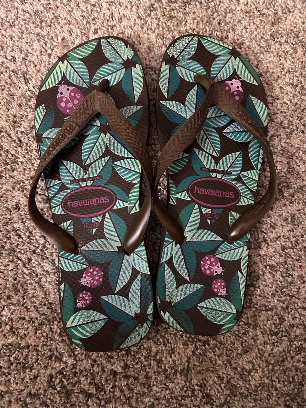 Havaianas Tropical Leaf Flip Flops in Brown & Teal, Women’s size 9